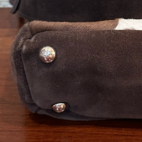 🌟HP🌟VTG 1970s-80s Dark Brown Mod Suede Pony Shoulder Bag w/ Calf Hair-On Hide - Picture 15 of 16